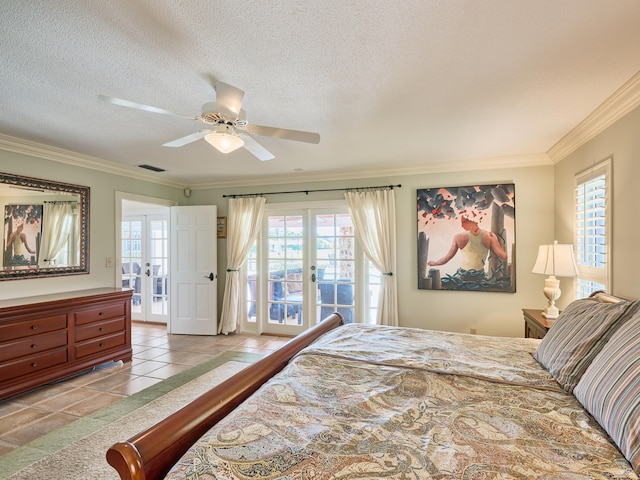 bedroom featuring access to outside, french doors, ornamental molding, light tile floors, and ceiling fan