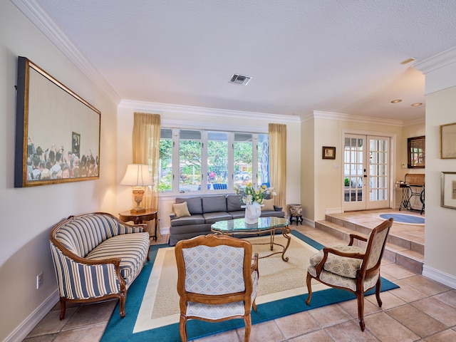 living room with plenty of natural light, french doors, light tile floors, and ornamental molding