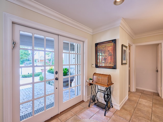 doorway to outside with french doors, ornamental molding, and light tile floors