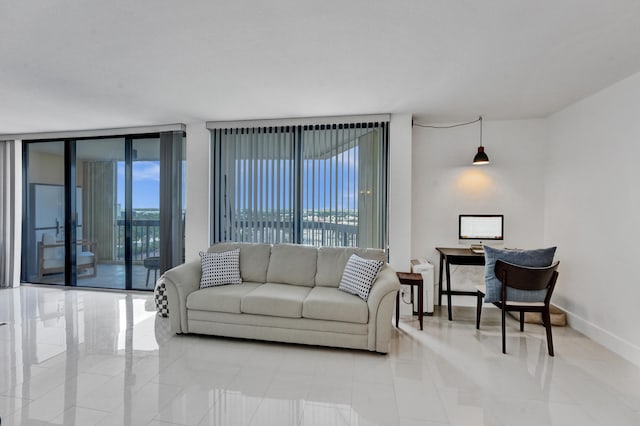 living room featuring light tile floors