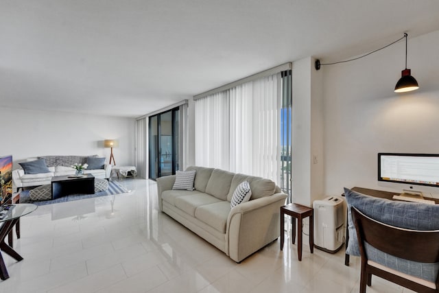 living room featuring light tile flooring