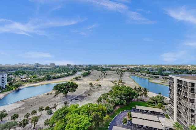 bird's eye view with a water view