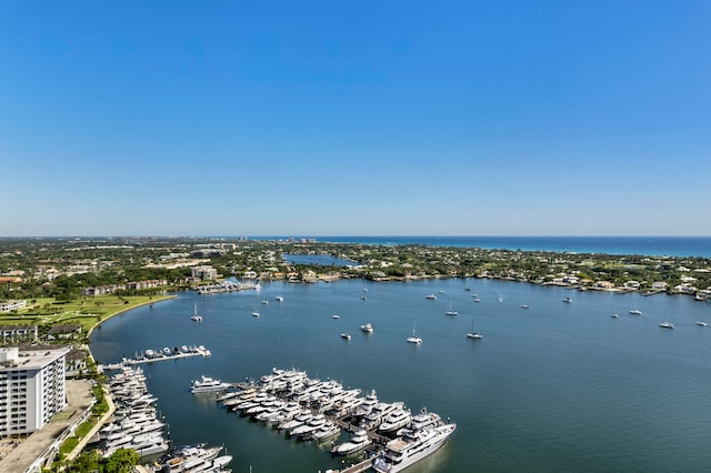 drone / aerial view with a water view