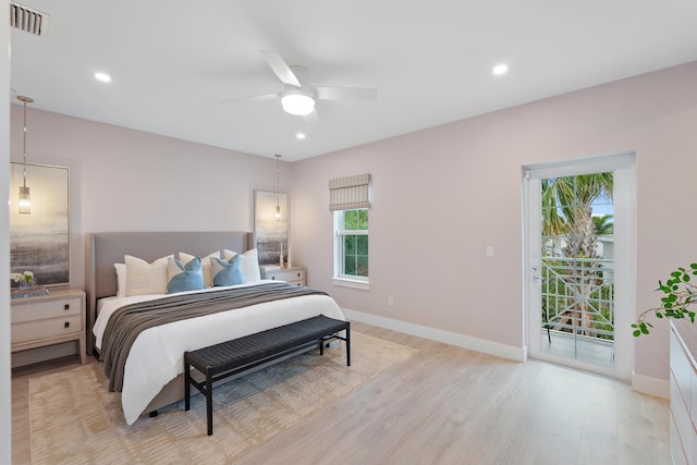 bedroom with light wood-type flooring, access to outside, multiple windows, and ceiling fan