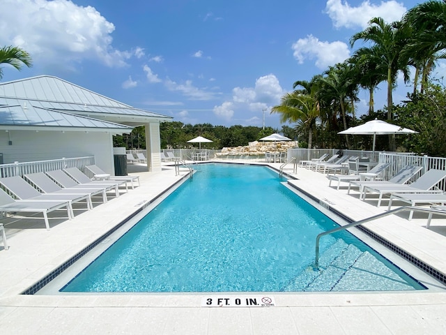 pool featuring a patio and fence