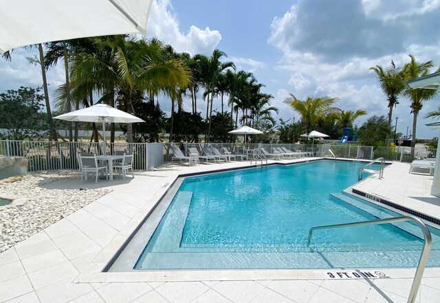 community pool with a patio and fence