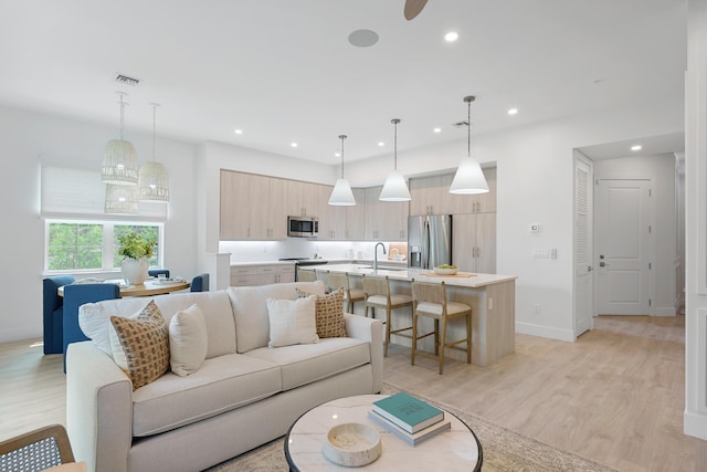 living room featuring light wood-type flooring and sink