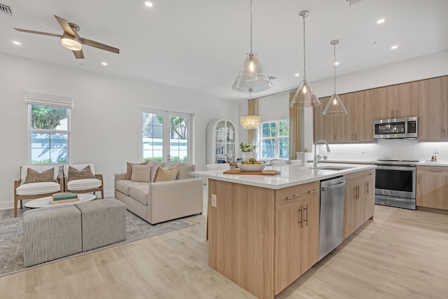 kitchen featuring appliances with stainless steel finishes, light brown cabinetry, modern cabinets, and a wealth of natural light