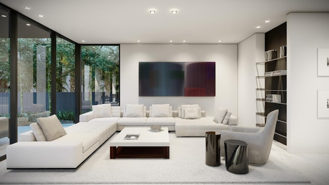 living area featuring floor to ceiling windows and recessed lighting