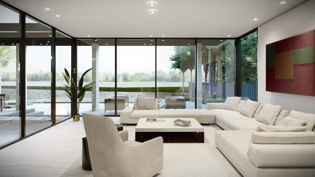 sunken living room with a wall of windows, plenty of natural light, and wood finished floors