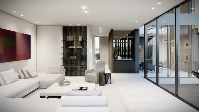 living area with expansive windows and recessed lighting