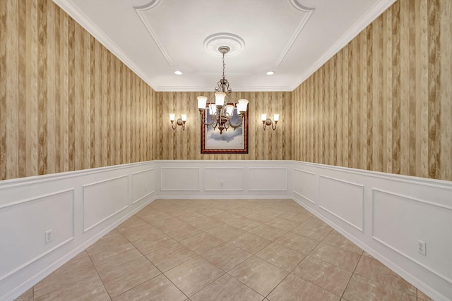 tiled empty room featuring wood walls, crown molding, and an inviting chandelier