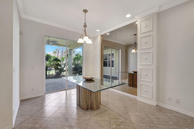 tiled empty room featuring crown molding