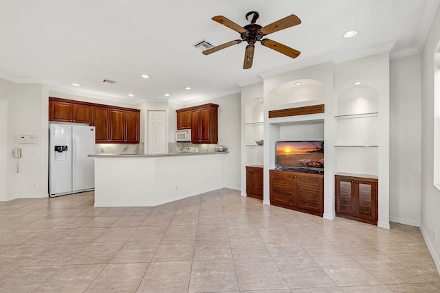 kitchen featuring white appliances, ceiling fan, kitchen peninsula, and light tile floors