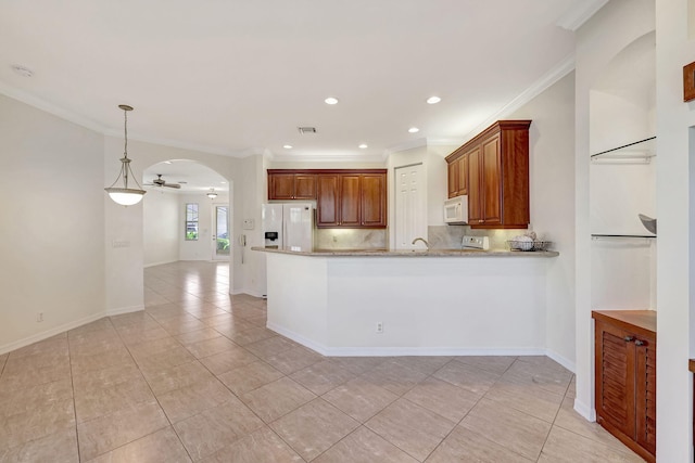 kitchen with kitchen peninsula, backsplash, white appliances, ceiling fan, and light tile flooring