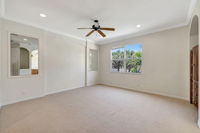 empty room featuring ceiling fan, carpet, and ornamental molding