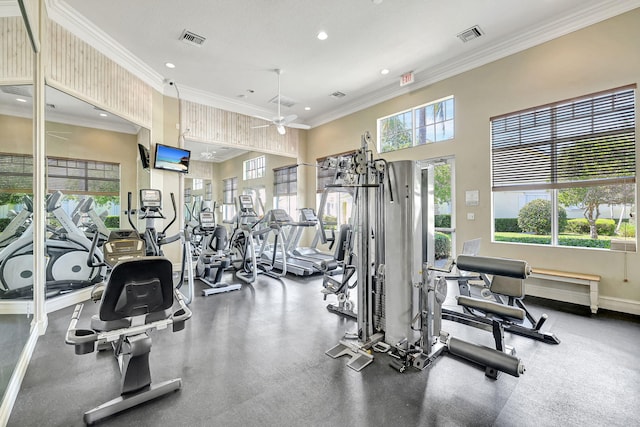 workout area with ceiling fan and crown molding