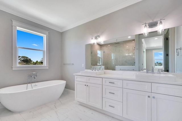 bathroom with a wealth of natural light, independent shower and bath, and ornamental molding