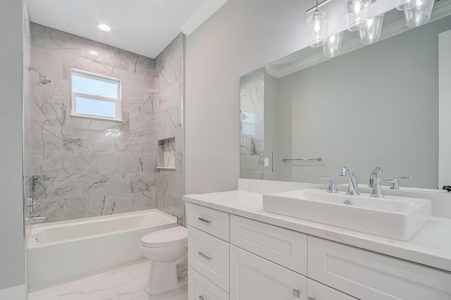 full bathroom featuring tiled shower / bath combo, toilet, crown molding, and vanity