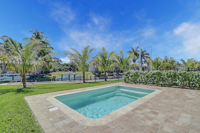 view of swimming pool with a patio and a lawn