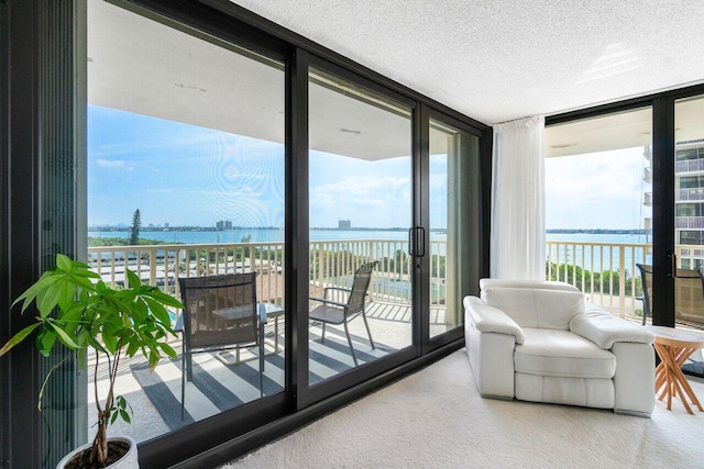 interior space with a textured ceiling, a wall of windows, light carpet, and a water view