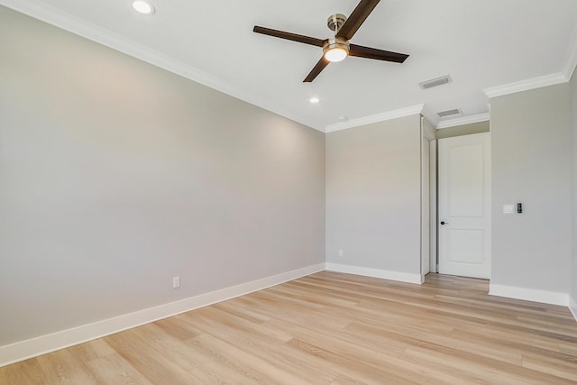 empty room with light hardwood / wood-style floors, ceiling fan, and crown molding