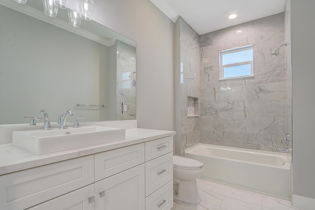 full bathroom with tiled shower / bath combo, toilet, ornamental molding, and vanity