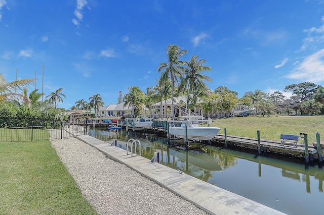 dock area featuring a water view and a yard