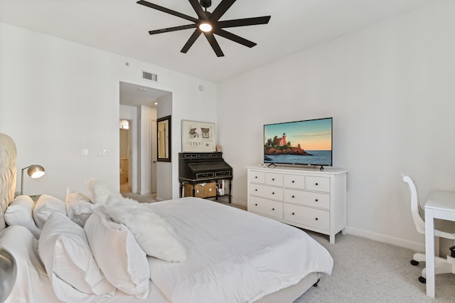 bedroom with light colored carpet and ceiling fan