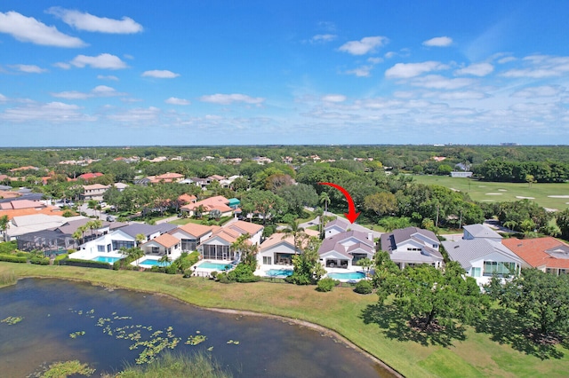 drone / aerial view featuring a water view