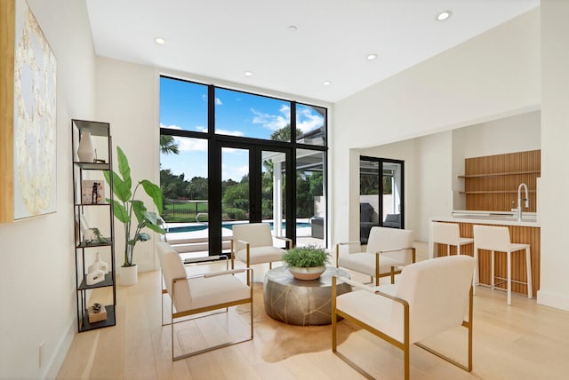 living area with sink, light hardwood / wood-style flooring, french doors, and expansive windows