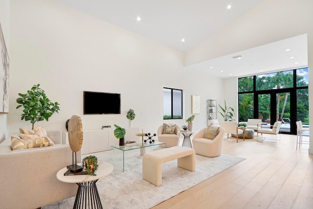 living room featuring plenty of natural light, high vaulted ceiling, and light wood-type flooring