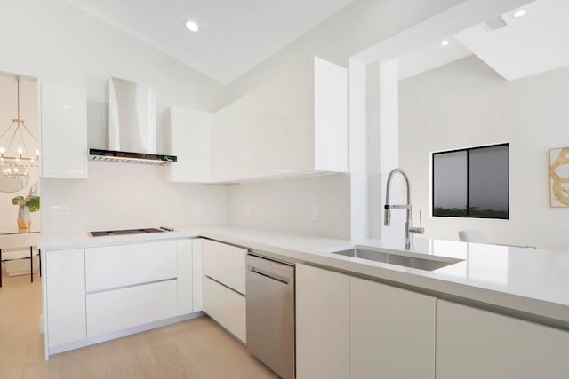 kitchen with wall chimney exhaust hood, light hardwood / wood-style flooring, dishwasher, and white cabinets