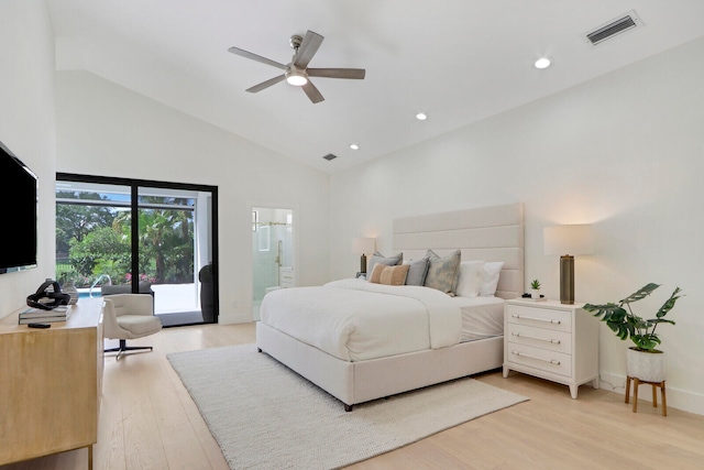 bedroom featuring high vaulted ceiling, ceiling fan, light wood-type flooring, and access to outside