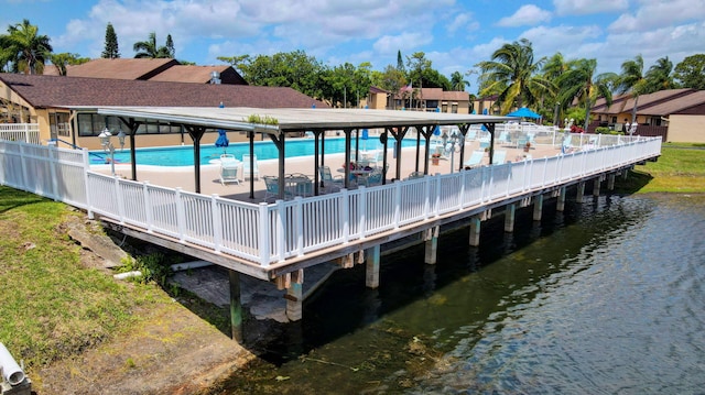 view of pool featuring a water view