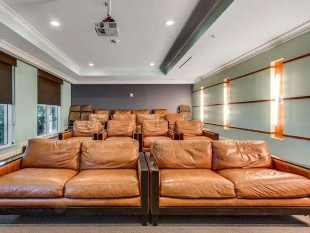 cinema featuring a tray ceiling, carpet flooring, and crown molding