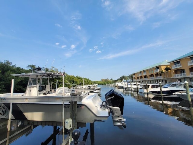 view of dock with a water view