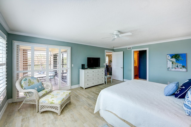 bedroom featuring ceiling fan, light wood-type flooring, and ornamental molding