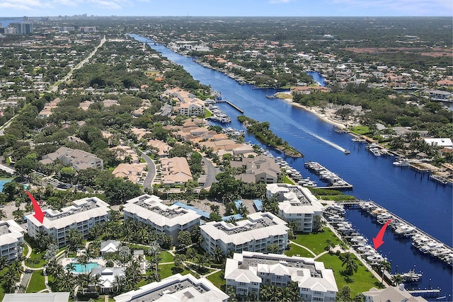 drone / aerial view with a water view