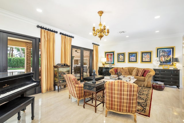 living room featuring crown molding, a chandelier, and french doors