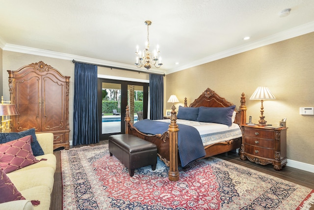 bedroom with crown molding, dark hardwood / wood-style floors, access to exterior, and an inviting chandelier