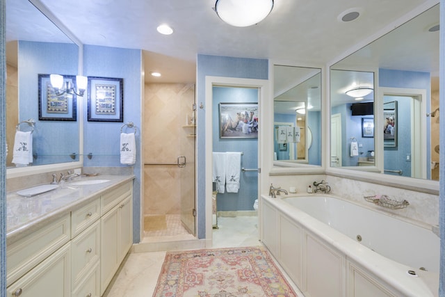 bathroom with separate shower and tub, tile patterned floors, and vanity