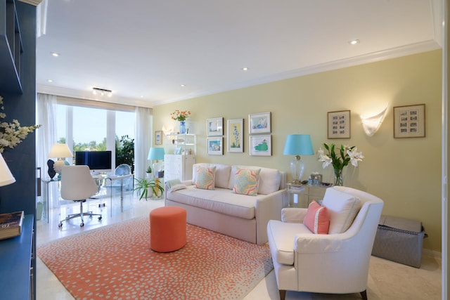 living room featuring ornamental molding