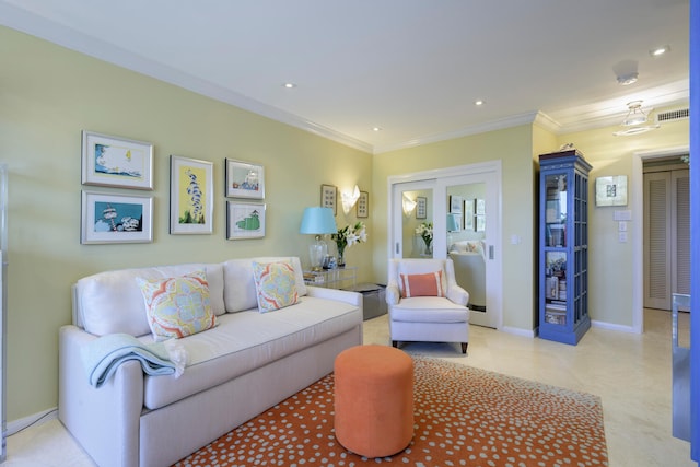 living room with ornamental molding