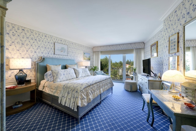 bedroom with access to outside, crown molding, and dark colored carpet