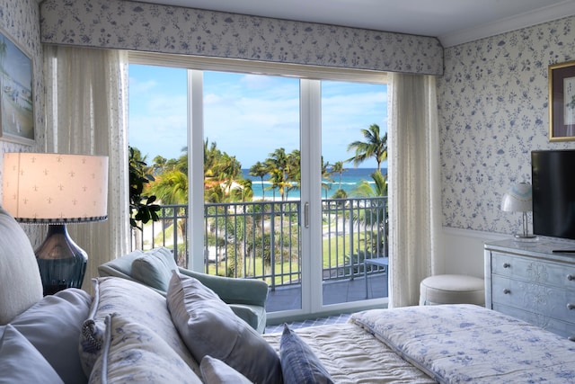 bedroom featuring access to outside and ornamental molding