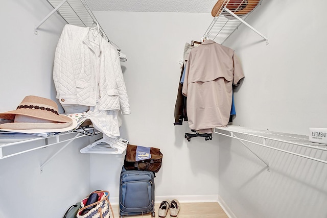 walk in closet with light hardwood / wood-style floors