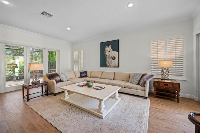 living room featuring ornamental molding and light hardwood / wood-style flooring