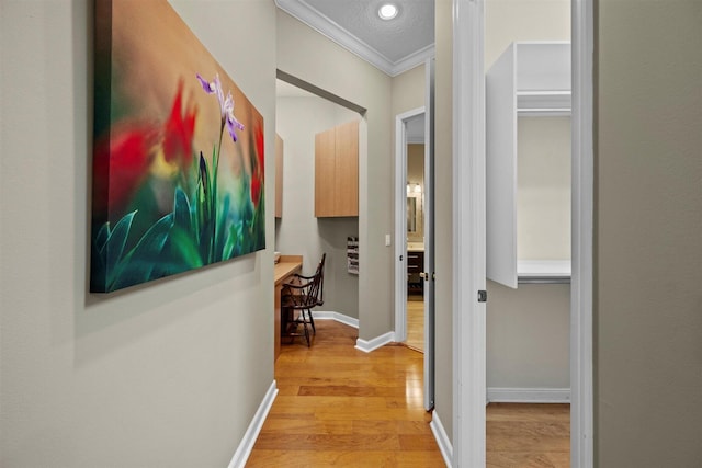 hall featuring crown molding, light hardwood / wood-style floors, and a textured ceiling