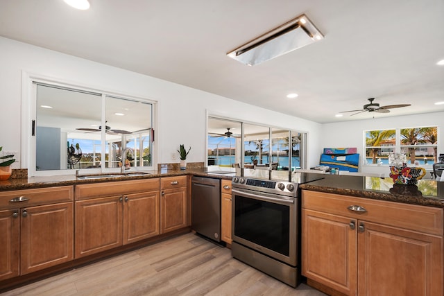 kitchen featuring sink, light hardwood / wood-style flooring, ceiling fan, and stainless steel appliances